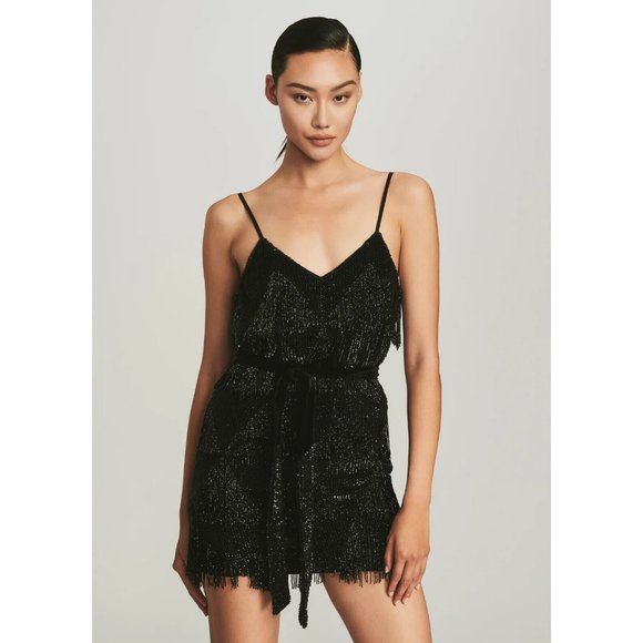 RETROFÊTE Claire Sequin Fringe Dress Black Mini Embellished Cocktail Party sz S - Picture 3 of 9